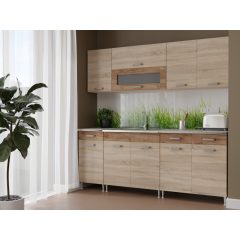 Csenge II 200 cm konyhabútor Sonoma korpusz, Sonoma front, Csoki sonoma fiókelő és üveges