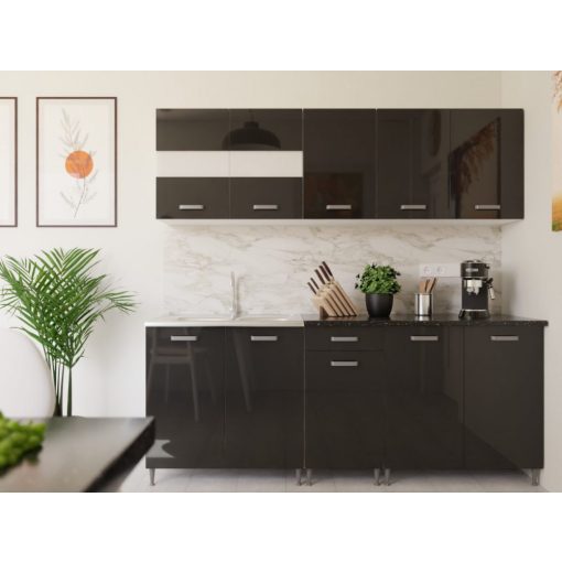 Anett 200 cm konyhabútor Fehér korpusz, magasfényű fekete MDF front
