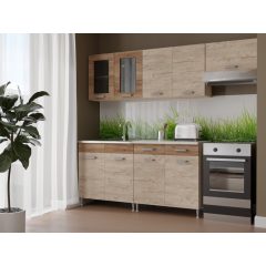   Zsófia II 220 cm konyhabútor Sonoma korpusz -Sherwood front - Dohány craft fiókelők és üvegkeret rész