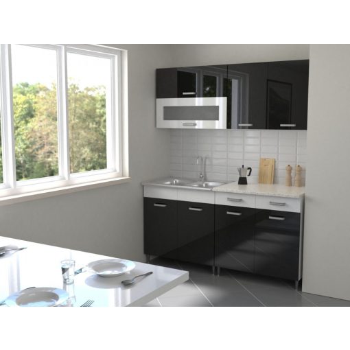 Luca 160 cm konyhabútor Fehér korpusz - Magasfényű MDF fekete front - Magasfényű MDF fehér fiókelő és Magasfényű MDF fehér üvegkeret