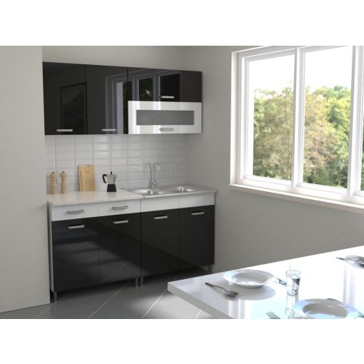 Luca 160 cm konyhabútor Fehér korpusz - Magasfényű MDF fekete front - Magasfényű MDF fehér fiókelő és Magasfényű MDF fehér üvegkeret