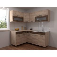   Csenge II "L" alakú sarokkonyha Sonoma korpusz - Sherwood front - szamoa fiókelő - szamoa üvegkeret