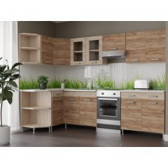   Zsófia II sarokkonyha Sonoma korpusz - Dohány craft front - sherwood üvegkeret és fiókelő