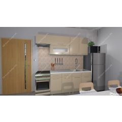   Lorina 210 cm konyhabútor Fehér korpusz - Bézs magasfényű MDF  front - Bézs magasfényű MDF  fiókelő és üvegkeret