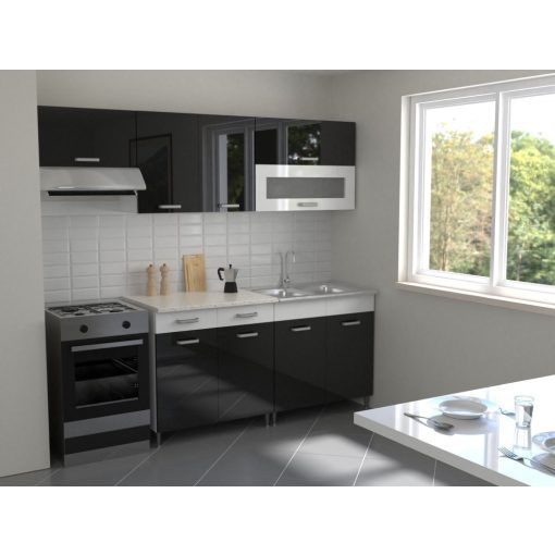 Luca 220 cm konyhabútor Fehér korpusz - Magasfényű MDF fekete front - Magasfényű MDF fehér fiókelő és Magasfényű MDF fehér üvegkeret