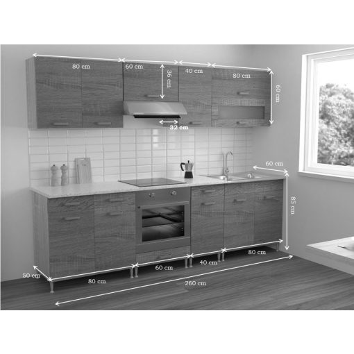 Csenge ll 260 cm konyhabútor Sonoma korpusz - Sonoma front - dohány craft fiókelő