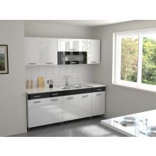 Luca 200 cm konyhabútor Fehér korpusz - Magasfényű MDF fehér front - Magasfényű MDF fekete fiókelő és Magasfényű MDF fekete üvegkeret