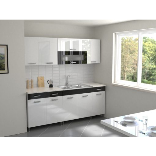 Luca 200 cm konyhabútor Fehér korpusz - Magasfényű MDF fehér front - Magasfényű MDF fekete fiókelő és Magasfényű MDF fekete üvegkeret