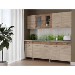   Zsófia II 200 cm Konyhabútor Sonoma korpusz - Sherwood front - Dohány craft fiókelő és üvegkeret rész