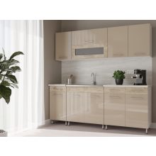 Luca 200 cm konyhabútor Fehér korpusz - Magasfényű MDF homok front - szükre craft fiók és üvegkeret