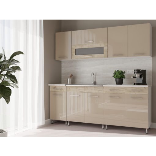 Luca 200 cm konyhabútor Fehér korpusz - Magasfényű MDF homok front - szükre craft fiók és üvegkeret
