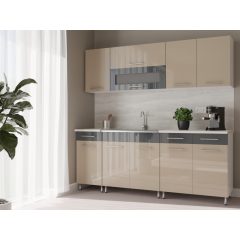   Luca 200 cm konyhabútor Fehér korpusz - Magasfényű MDF homok front - Magasfényű MDF antracit fiók és üvegkeret