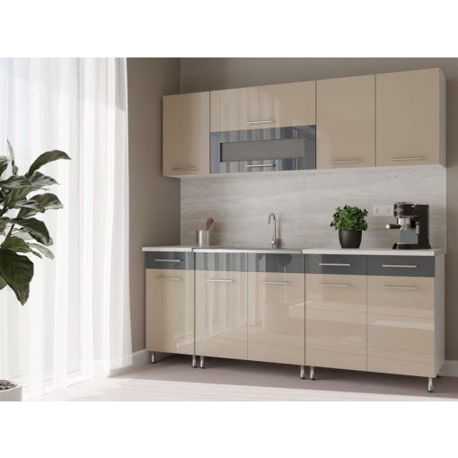 Luca 200 cm konyhabútor Fehér korpusz - Magasfényű MDF homok front - Magasfényű MDF antracit fiók és üvegkeret
