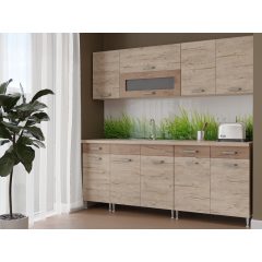 Csenge II 200 cm konyhabútor Sonoma korpusz, Sherwood front, Dohány craft fiókelő és üveges