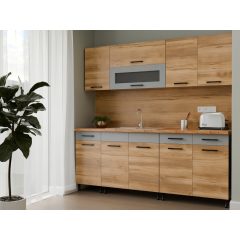   Csenge II  200 cm konyhabútor Sonoma korpusz, Barokk tölgy front, Szürke  fiókelő és üveges