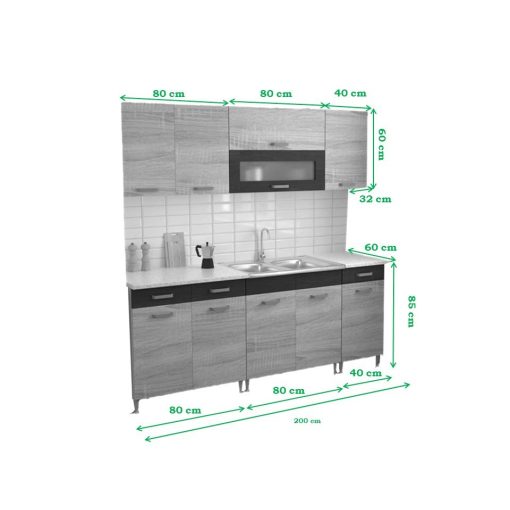 Csenge II 200 cm konyhabútor Sonoma korpusz, Sherwood front méretek