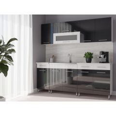   Luca 200 cm konyhabútor Fehér korpusz - Magasfényű MDF fekete front - Magasfényű MDF fehér fiókelő és Magasfényű MDF fehér üvegkeret 
