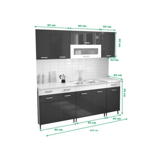 Luca 200 cm konyhabútor Fehér korpusz - Magasfényű MDF szürke front 