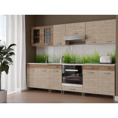   Zsófia II 260 cm konyhabútor Sonoma korpusz - Sherwood front - dohány craft fiókelők és   üvegkeret