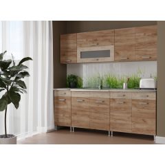 Csenge II 200 cm konyhabútor Sonoma korpusz, Szamoa front, Sherwood fiókelő és üveges