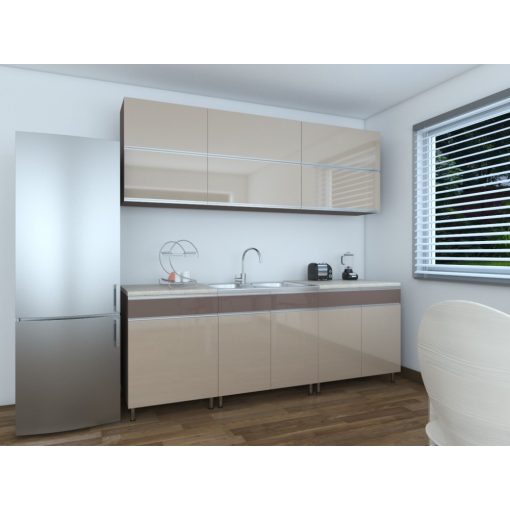 Minerva 220 cm konyhabútor Fehér korpusz -  Magasfényű bézs / Cappuccino front 
