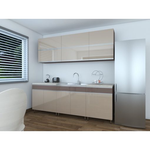 Minerva 220 cm konyhabútor Fehér korpusz -  Magasfényű bézs / Cappuccino front 