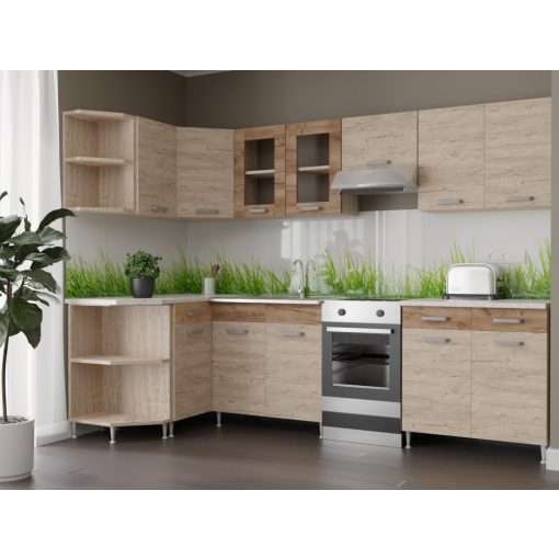 Zsófia sarokkonyha Sonoma korpusz - Sherwood front - dohány craft fiókelő és üvegkeret