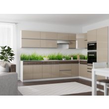 Minerva sarokkonyha magasfényű bézs front, cappuccino fiókelő