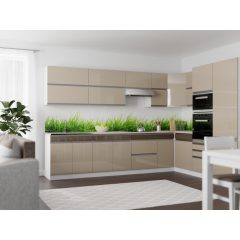   Minerva sarokkonyha magasfényű bézs front, cappuccino fiókelő