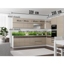 Minerva sarokkonyha magasfényű bézs front, cappuccino fiókelő