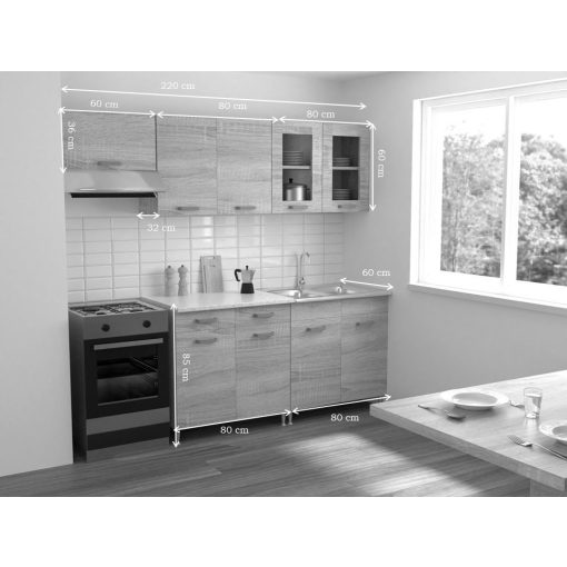 Zsófia 220 cm konyhabútor Sonoma korpusz - Sherwood front  és fiókelő