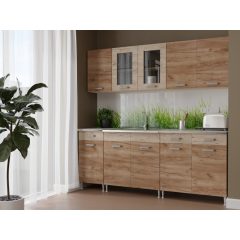  Zsófia II 200 cm Konyhabútor Sonoma korpusz -  Dohány craft front - Sherwood fiókelő -Sherwood üvegkeret rész