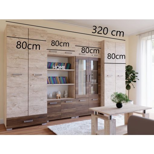 Köln nappali 320 cm szekrénysor Sherwood korpusz - Sherwood front és Dohány kraft fiókelő és üveges 