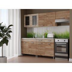   Zsófia II 220 cm konyhabútor Sonoma korpusz - Dohány craft front - Sherwood fiókelők és Sherwood üvegkeret rész