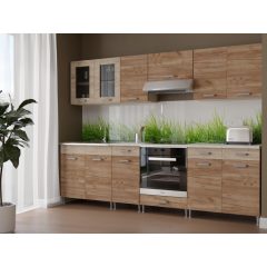   Zsófia II 260 cm konyhabútor Sonoma korpusz - Dohány craft  front - Sherwood fiókelők és Sherwood üvegkeret